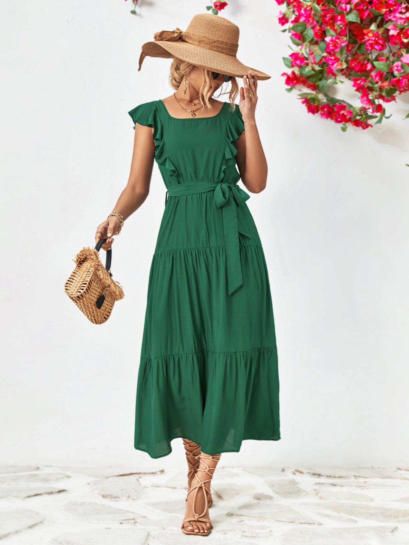 Tie Belt Ruffled Tiered Midi Dress - Dresses