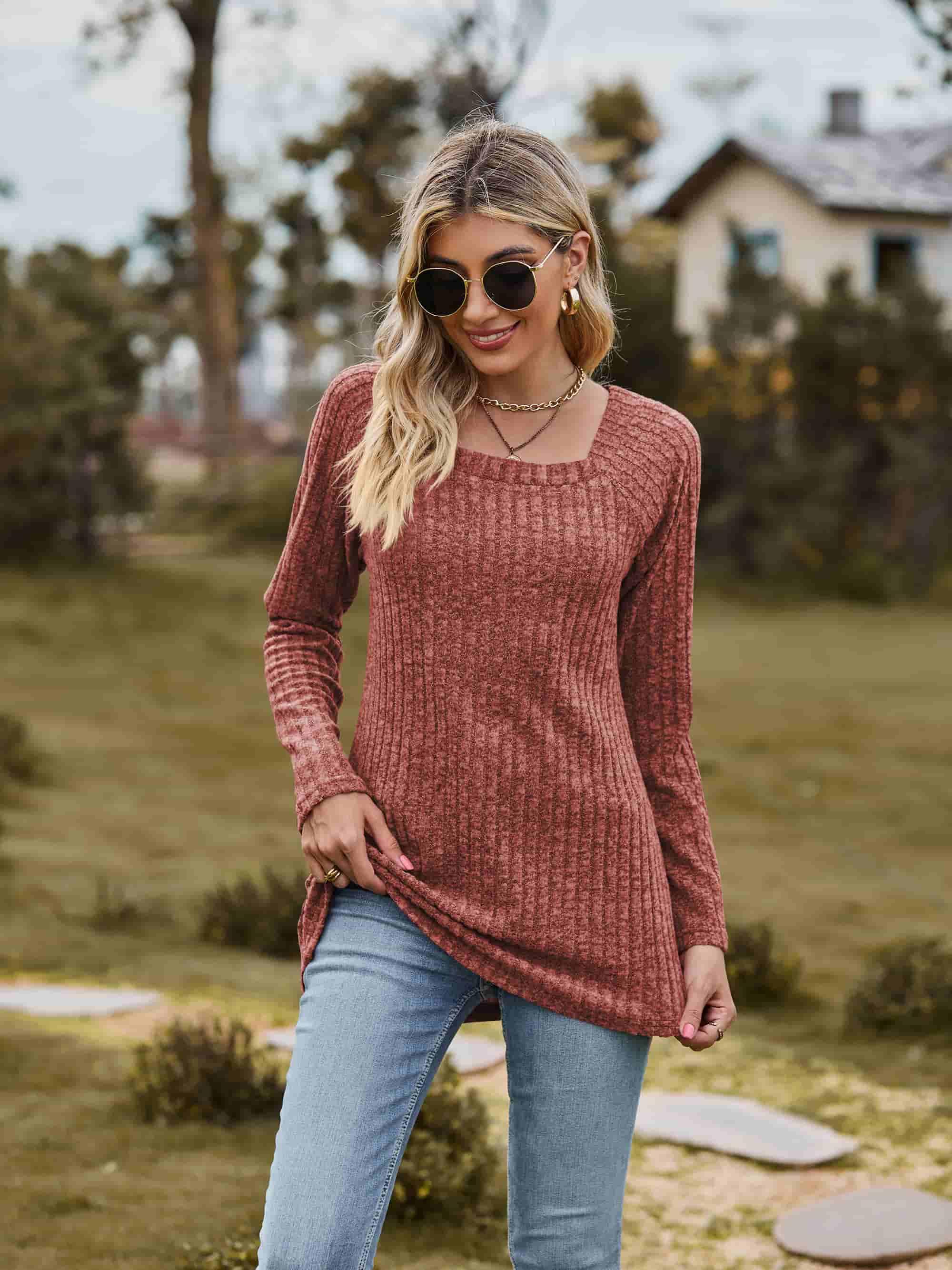 Ribbed Square Neck Long Sleeve Top - Top