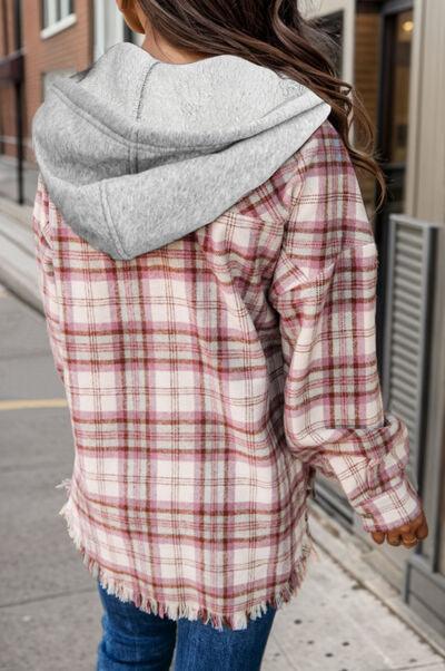 Plaid Raw Hem Drawstring Hooded Shacket - Jacket