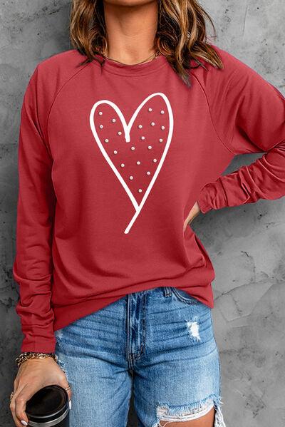 Heart Pearl Detail Round Neck Sweatshirt - Sweatshirt