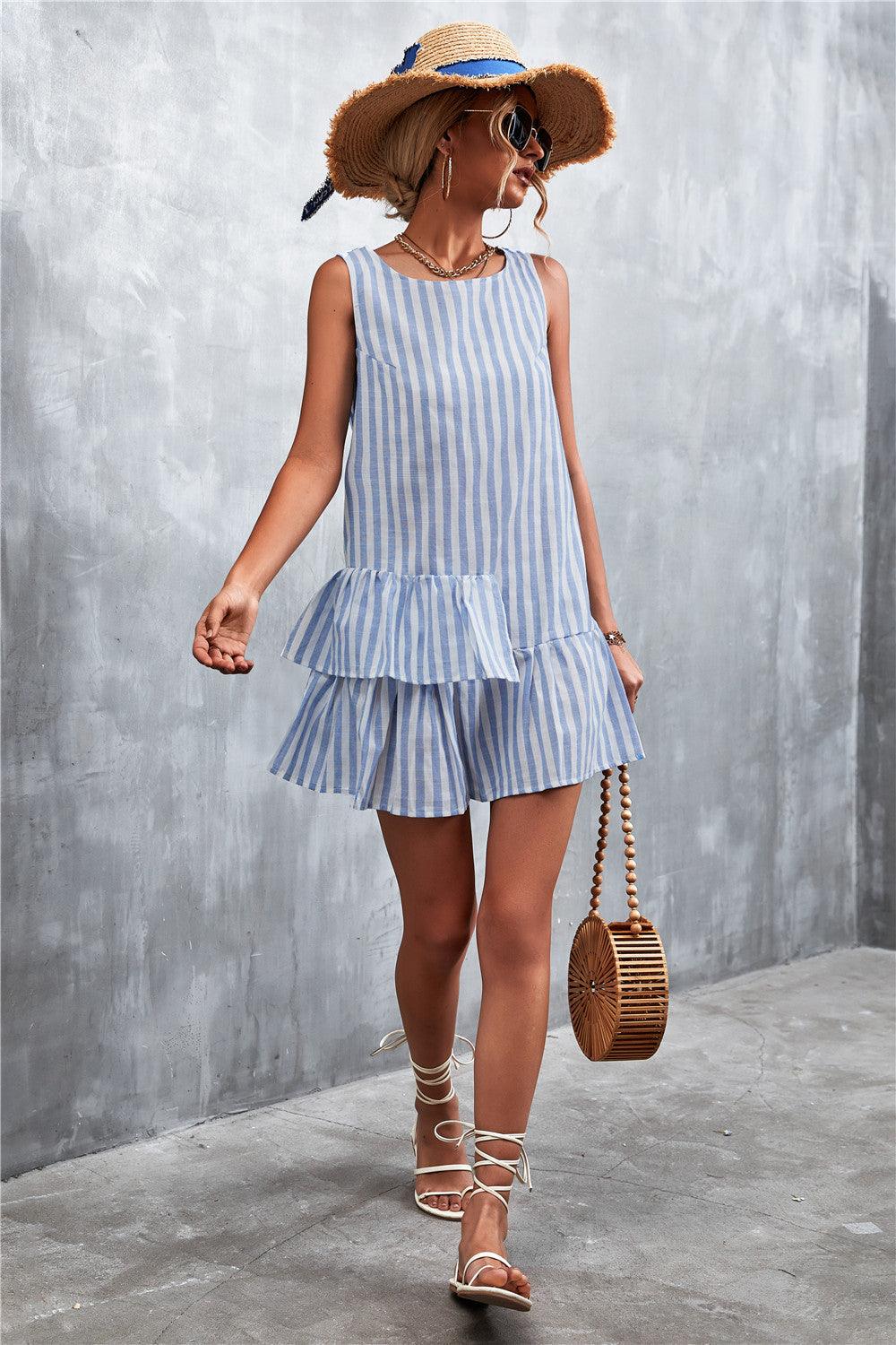 Striped Layered Sleeveless Round Neck Mini Dress - Dresses