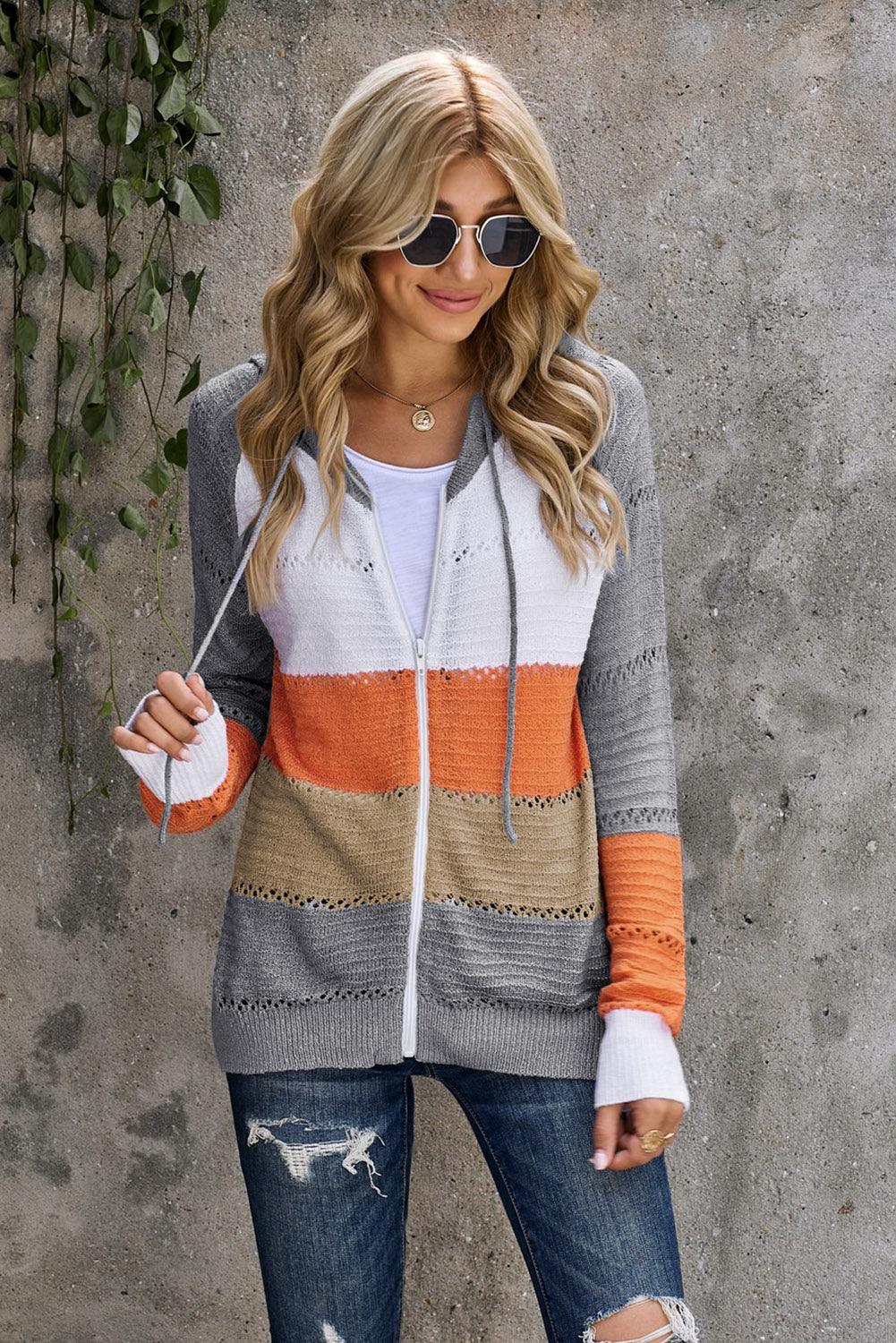 Color Block Zip-Up Openwork Hooded Cardigan - Cardigan