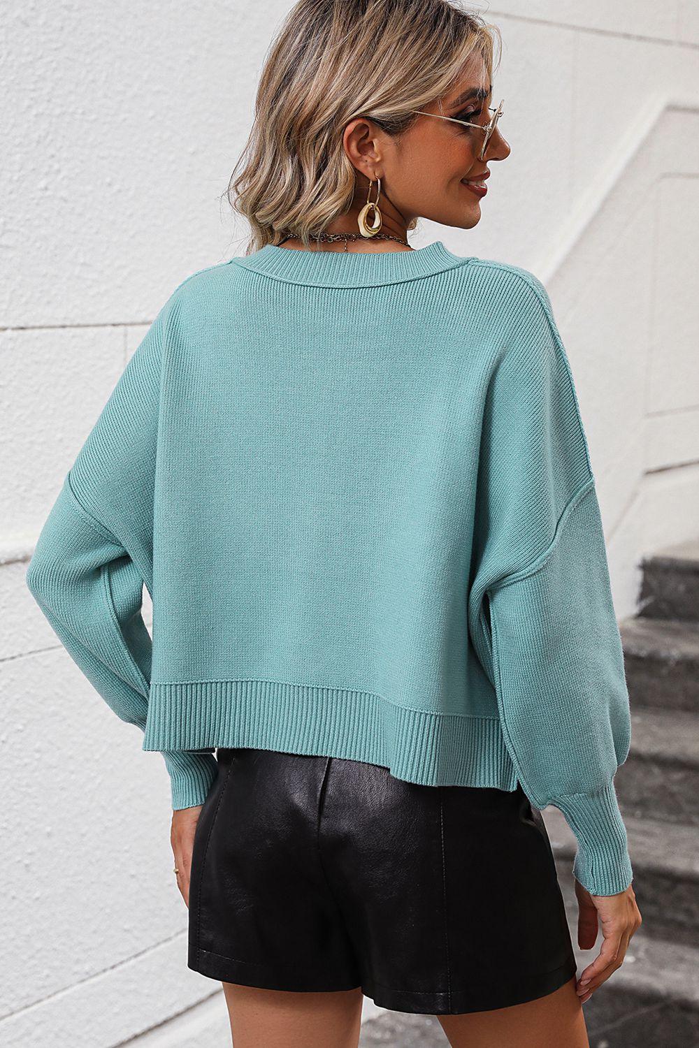 Round Neck Dropped Shoulder Pullover Cropped Sweater - Sweater