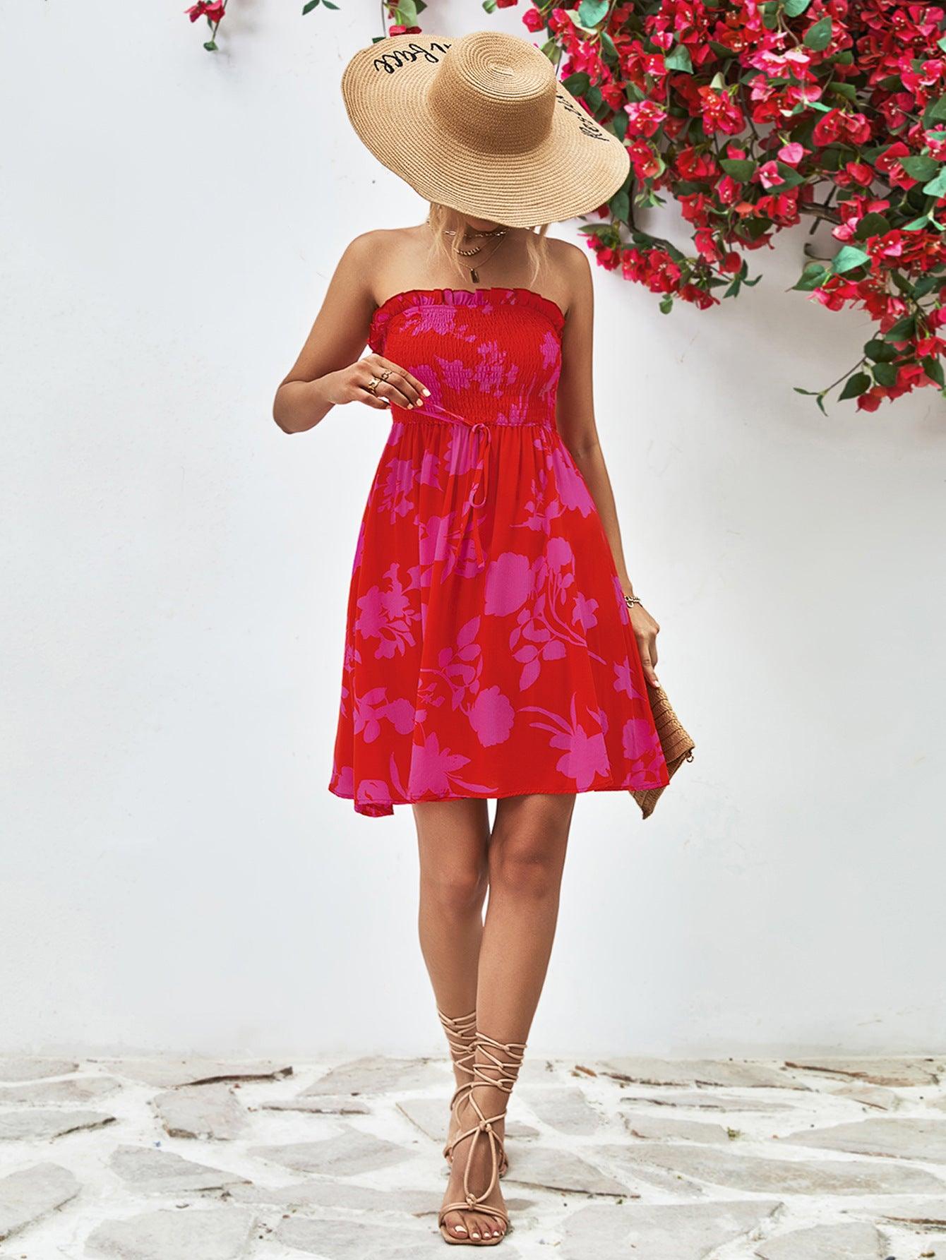 Floral Frill Trim Strapless Tie Smocked Short Dress - Dresses