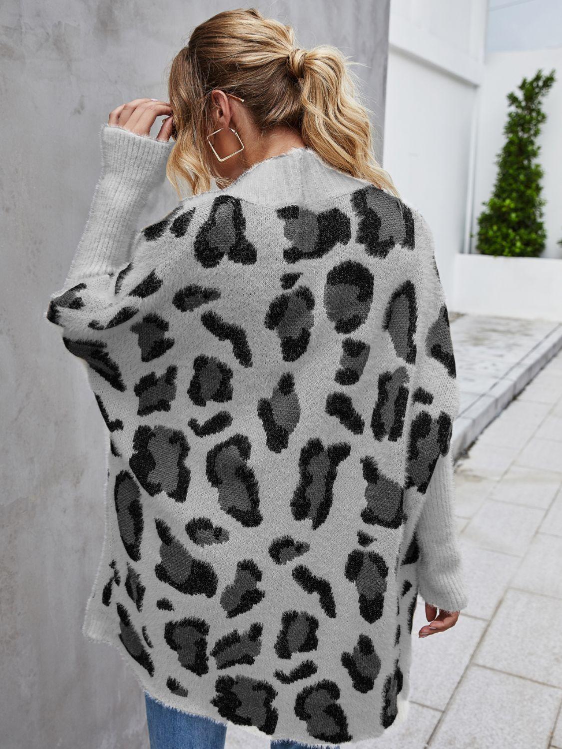 Leopard Pattern Open Front Fuzzy Cardigan - Cardigan