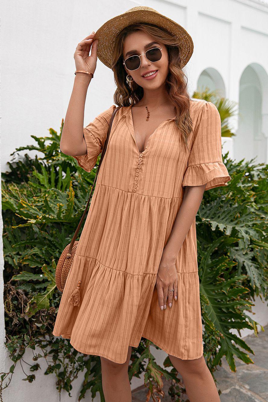 Tassel Tie-Neck Ruffle Hem Tiered Knee Length Dress - Dresses