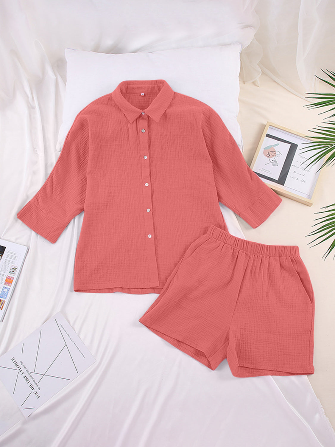 Texture Button Up Shirt and Shorts Set