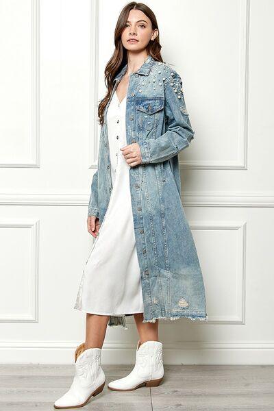 Veveret Distressed Pearl Detail Denim Jacket - Jacket