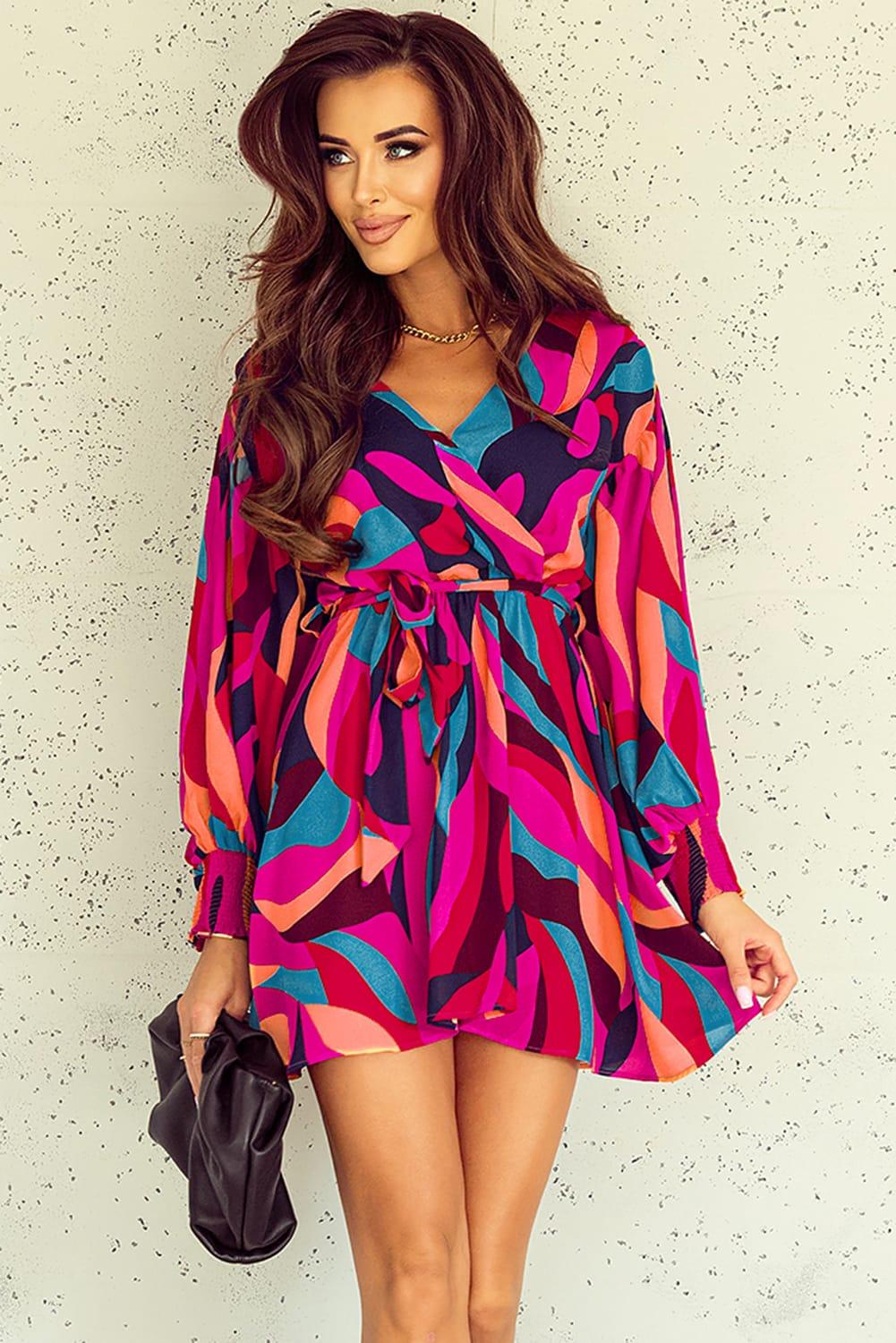 Printed Surplice Neck Tie Waist Mini Dress - Dresses