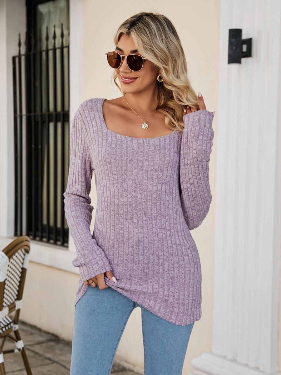 Square Neck Ribbed Long Sleeve Top - Top