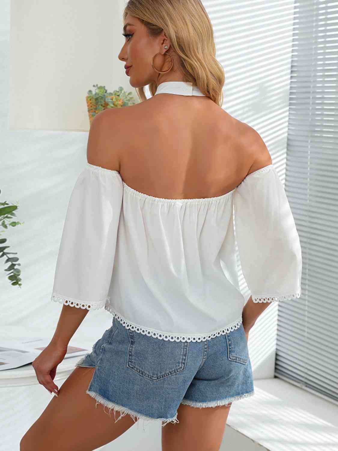 Crochet Halter Neck Cold-Shoulder Top