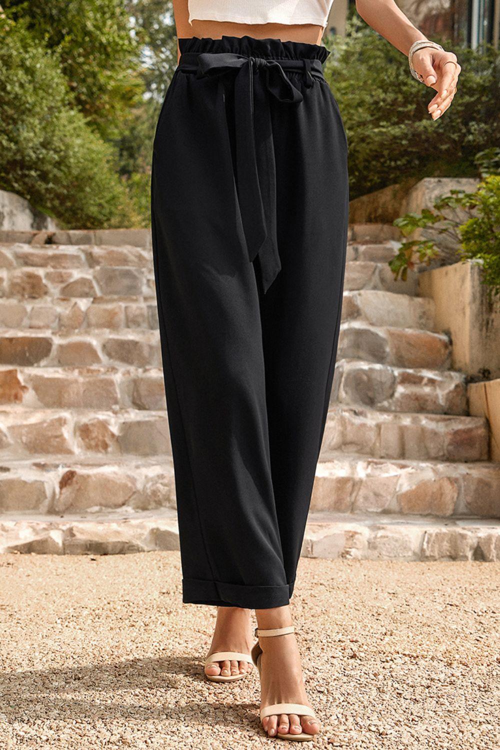 Cropped Tie Belt Paperbag Waist Straight Leg Pants - Pant