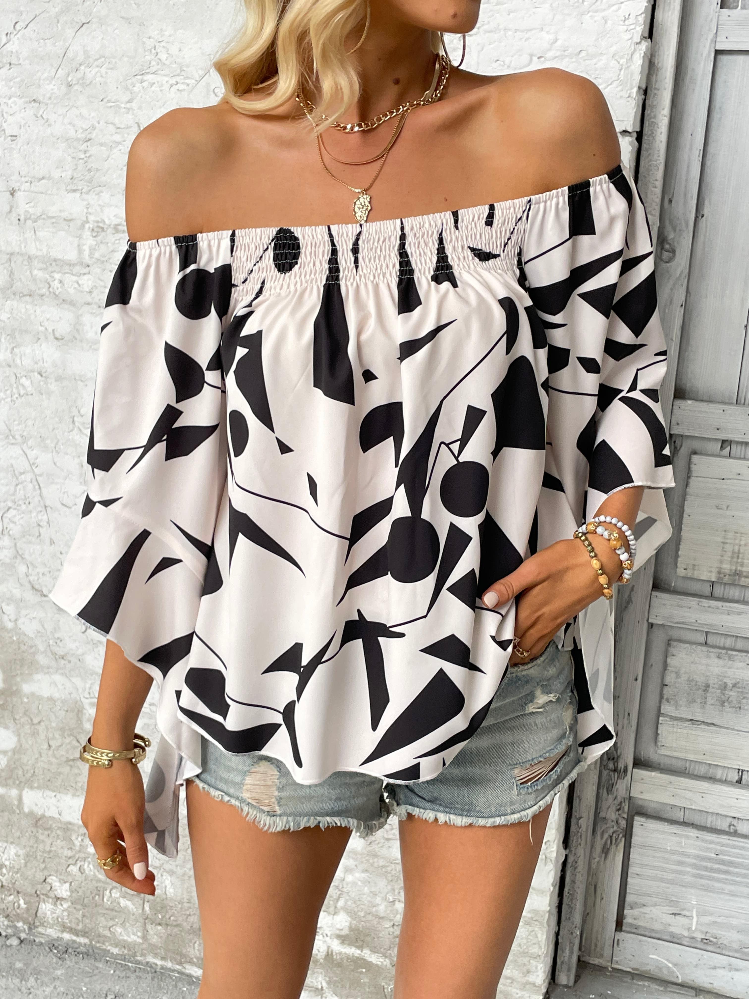 Geometric Off-Shoulder 3/4 Flounce Sleeve Smocked Blouse - Blouse