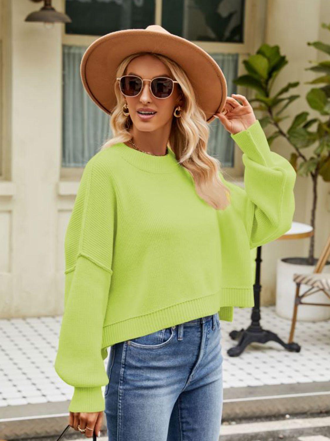 Round Neck Dropped Shoulder Cropped Sweater - Sweater