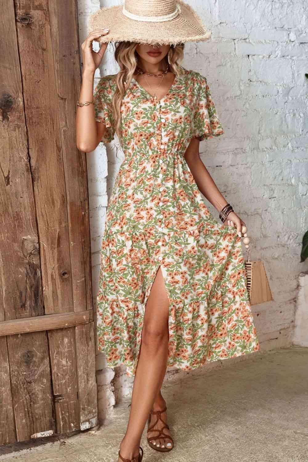 Floral V-Neck Front Slit Shirt Midi Dress - Dresses