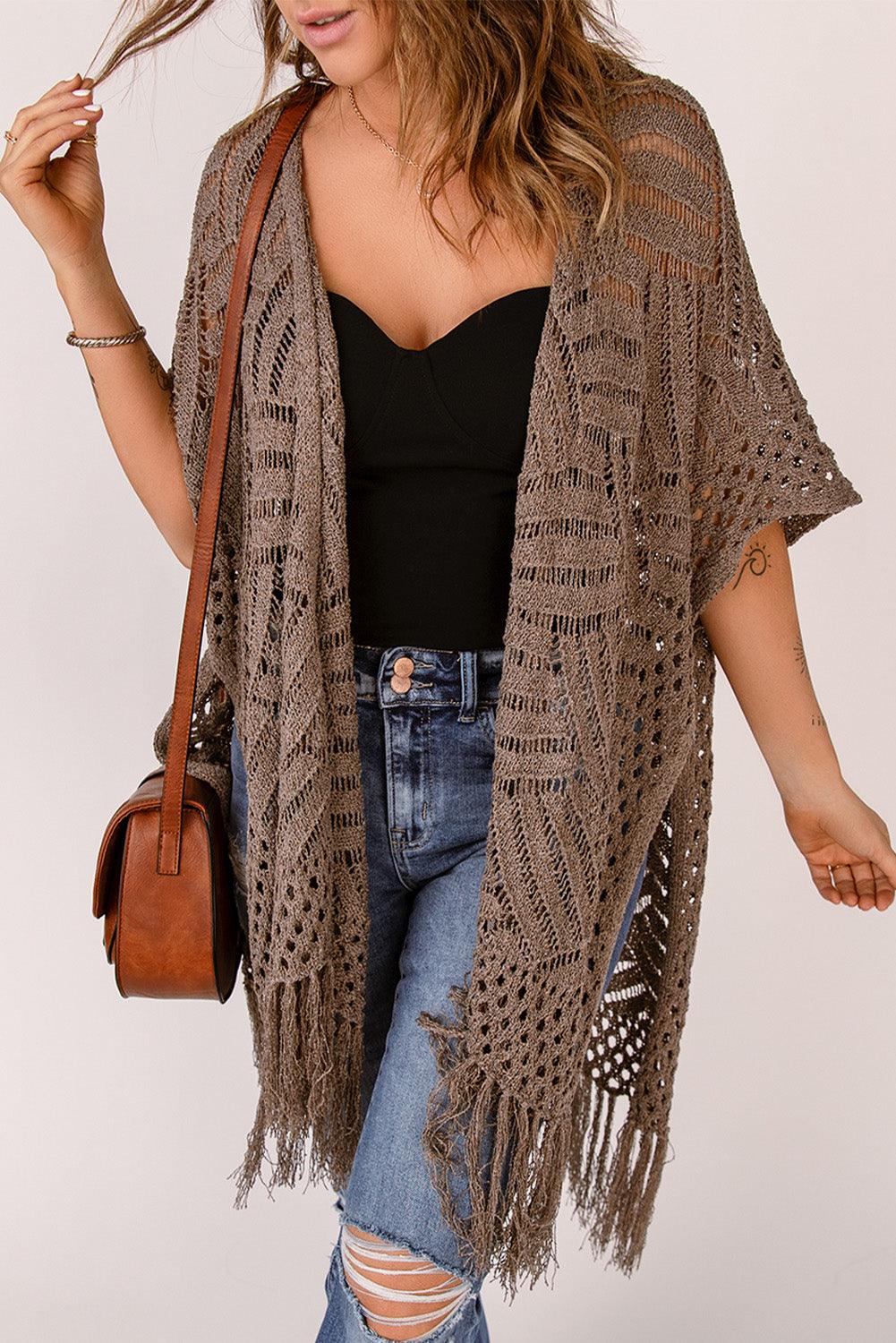 Open Work Fringe Hem Slit Open Front Cardigan - Cardigan