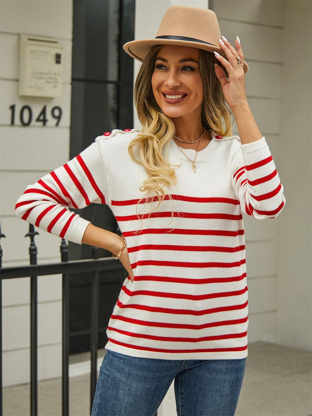 Round Neck Buttoned Shoulder Striped Sweater - Sweater