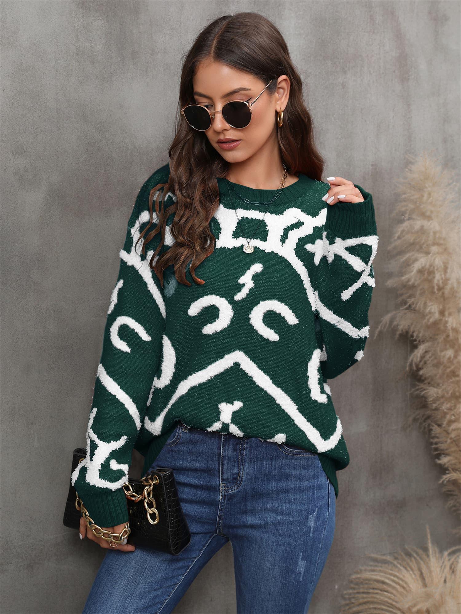 Printed Round Neck Dropped Shoulder Sweater - Sweater