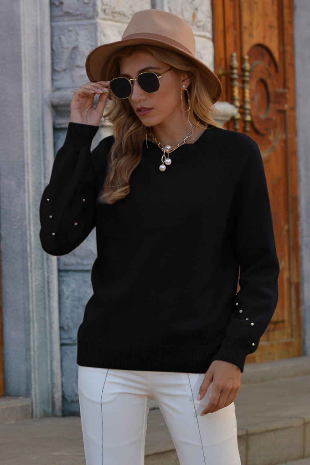 Ribbed Stud Trim Round Neck Sweater - Sweater