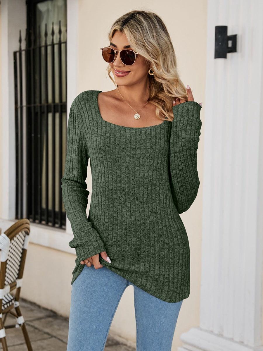 Square Neck Ribbed Long Sleeve Top - Top