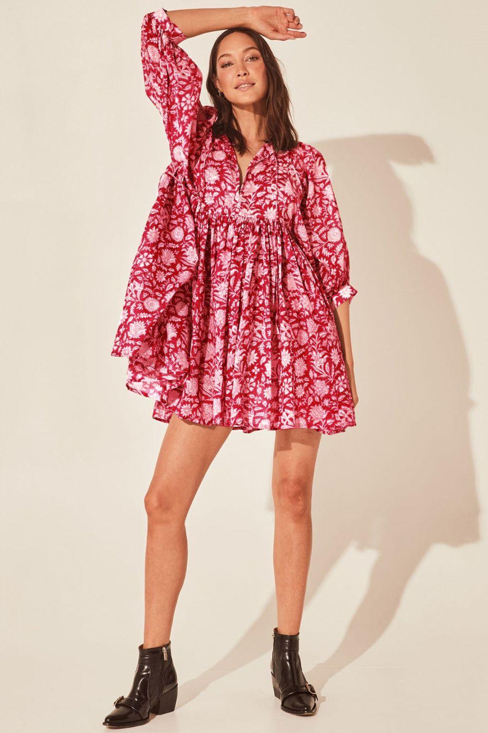 Floral Tie Neck Lantern Sleeve Mini Dress - Dresses