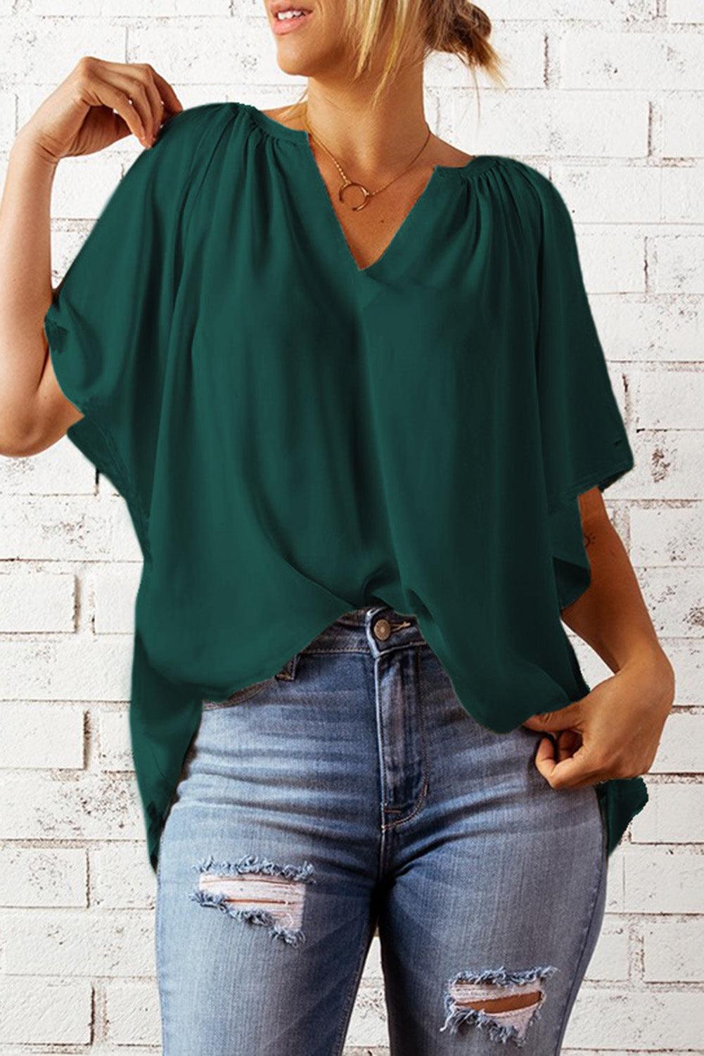 Gathered Detail Notched Neck Flutter Sleeve Blouse - Blouse