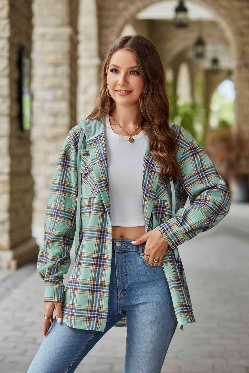 Plaid Long Sleeve Hooded Shacket - Jacket