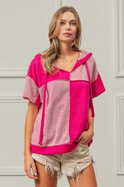 BiBi Color Block Short Sleeve Hooded Top - Top