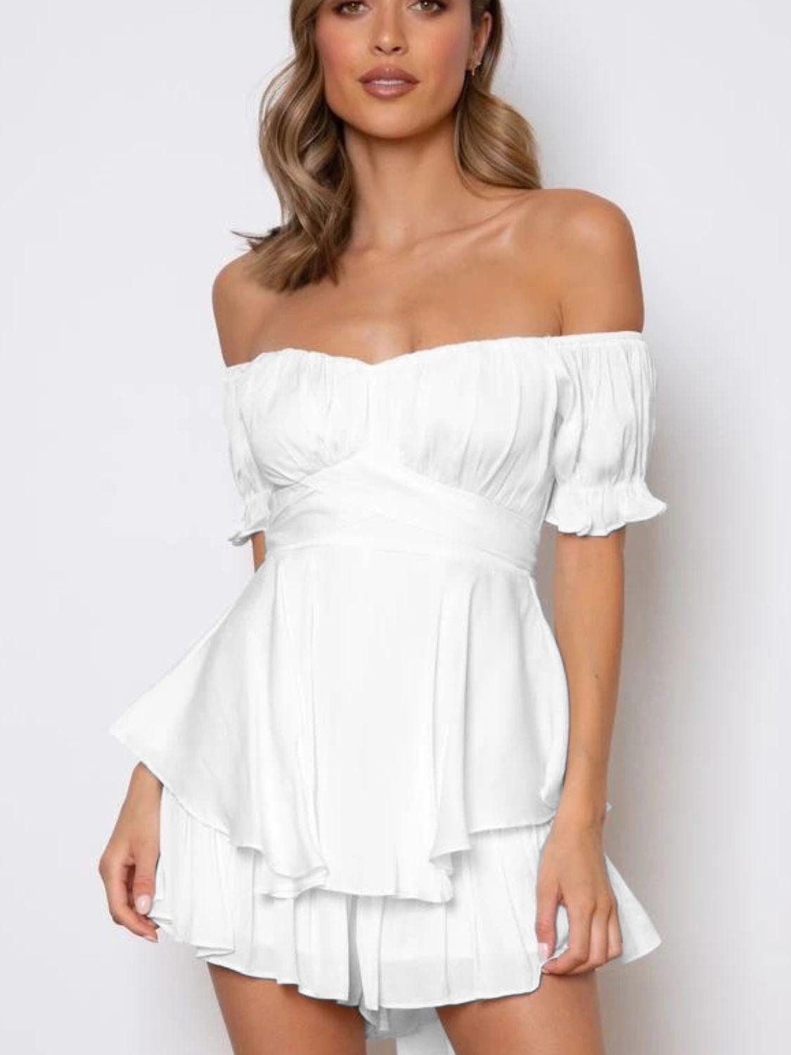 Off Shoulder Flounce Sleeve Layered Mini Dress - Dresses