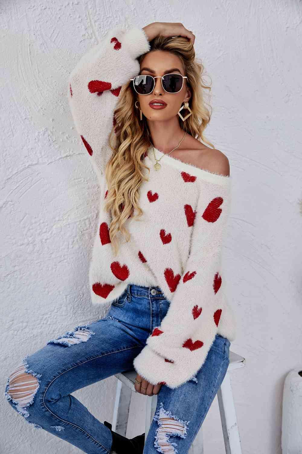 Woven Right Heart Print Fuzzy Sweater - Sweater