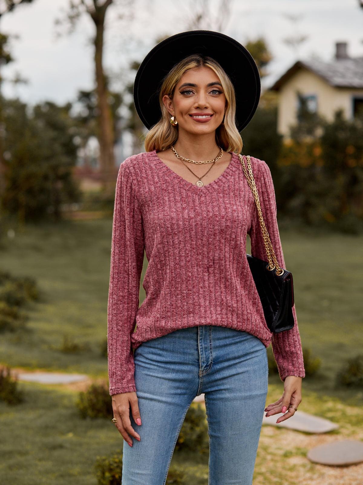 Ribbed V-Neck Long Sleeve Top - Top