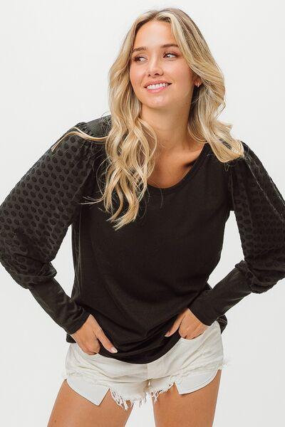 BiBi Round Neck Polka Dot Lantern Sleeve Top - Top