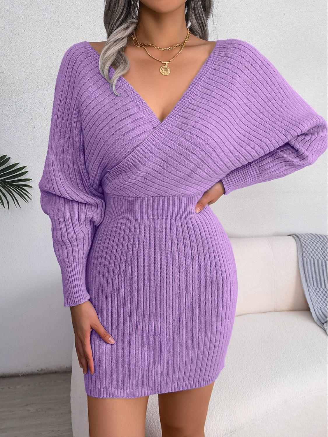 Rib-Knit Dolman Sleeve Sweater Dress - Dresses