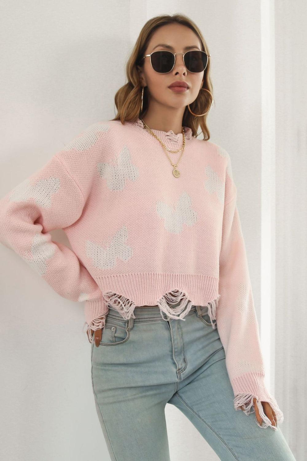 Butterfly Cropped Distressed Ribbed Sweater - Sweater