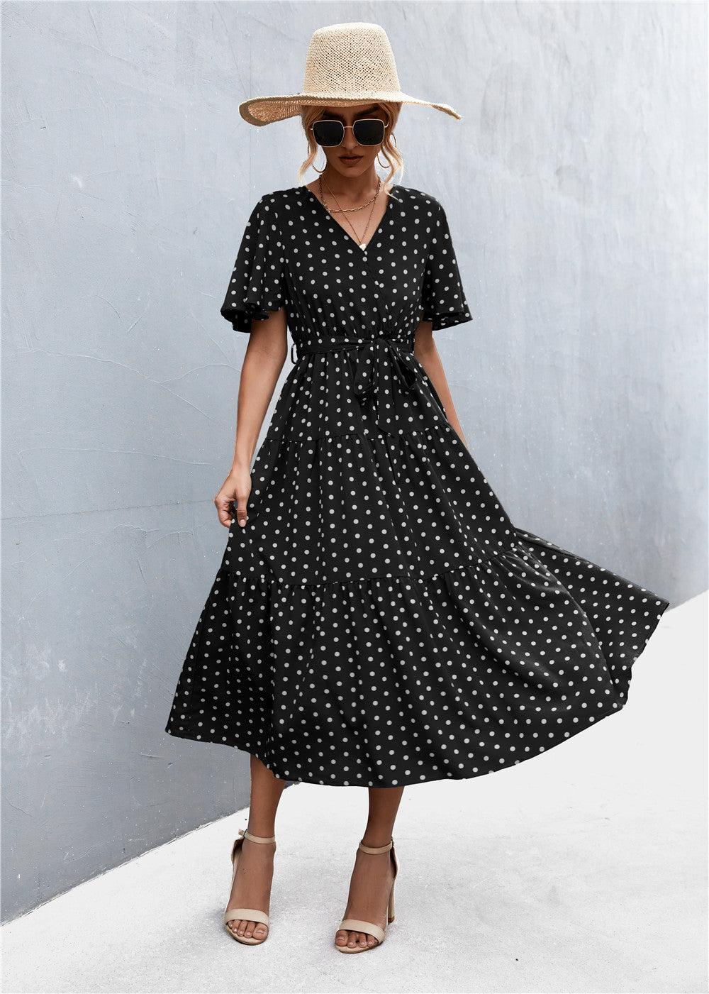 Printed V-Neck Flutter Sleeve Belted Tiered Midi Dress - Dresses