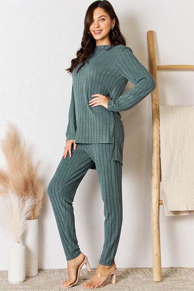 Basic Bae Ribbed High-Low Top and Pants Set - Pant & Top