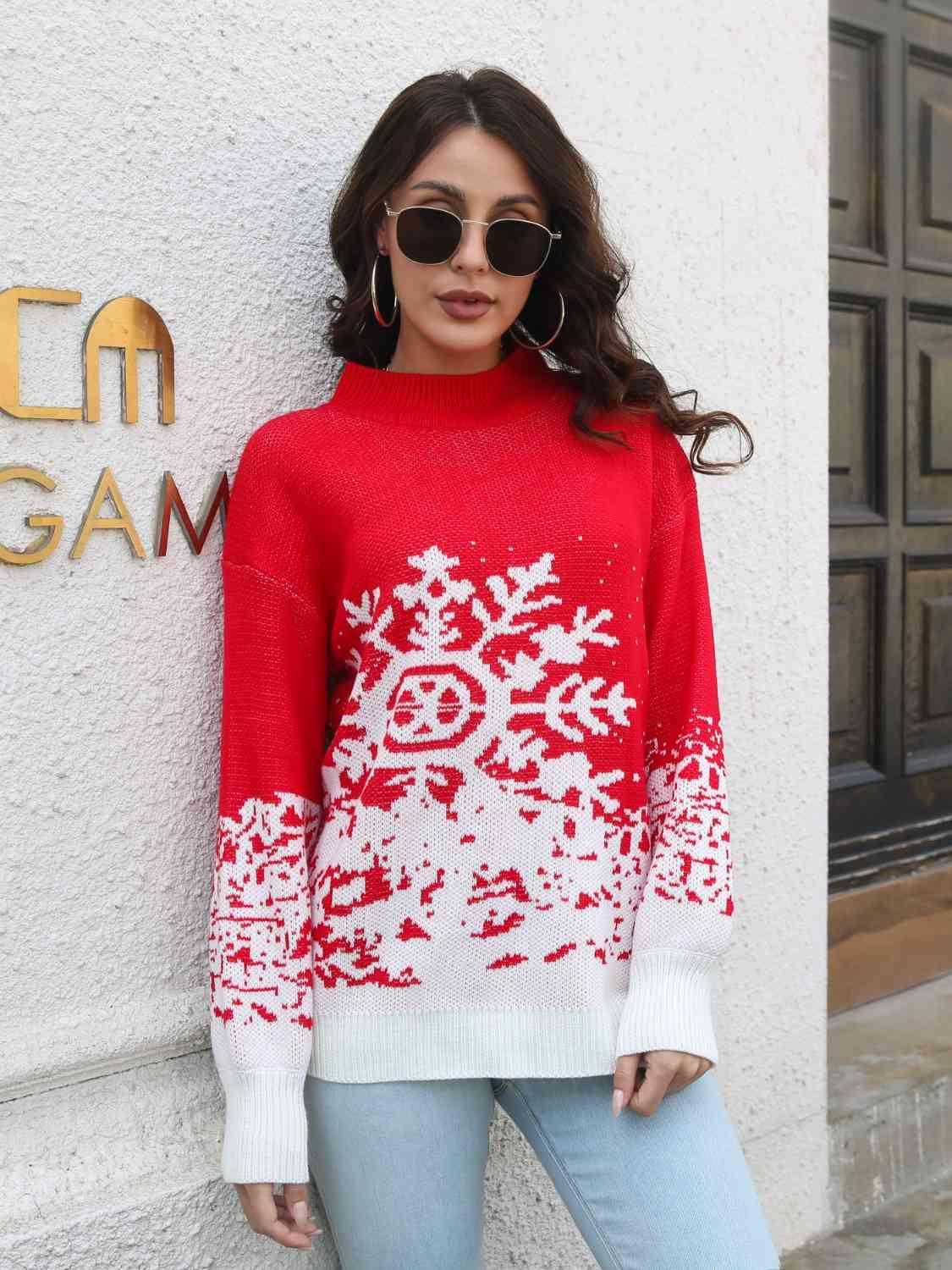 Christmas Snowflake Mock Neck Sweater - Sweater