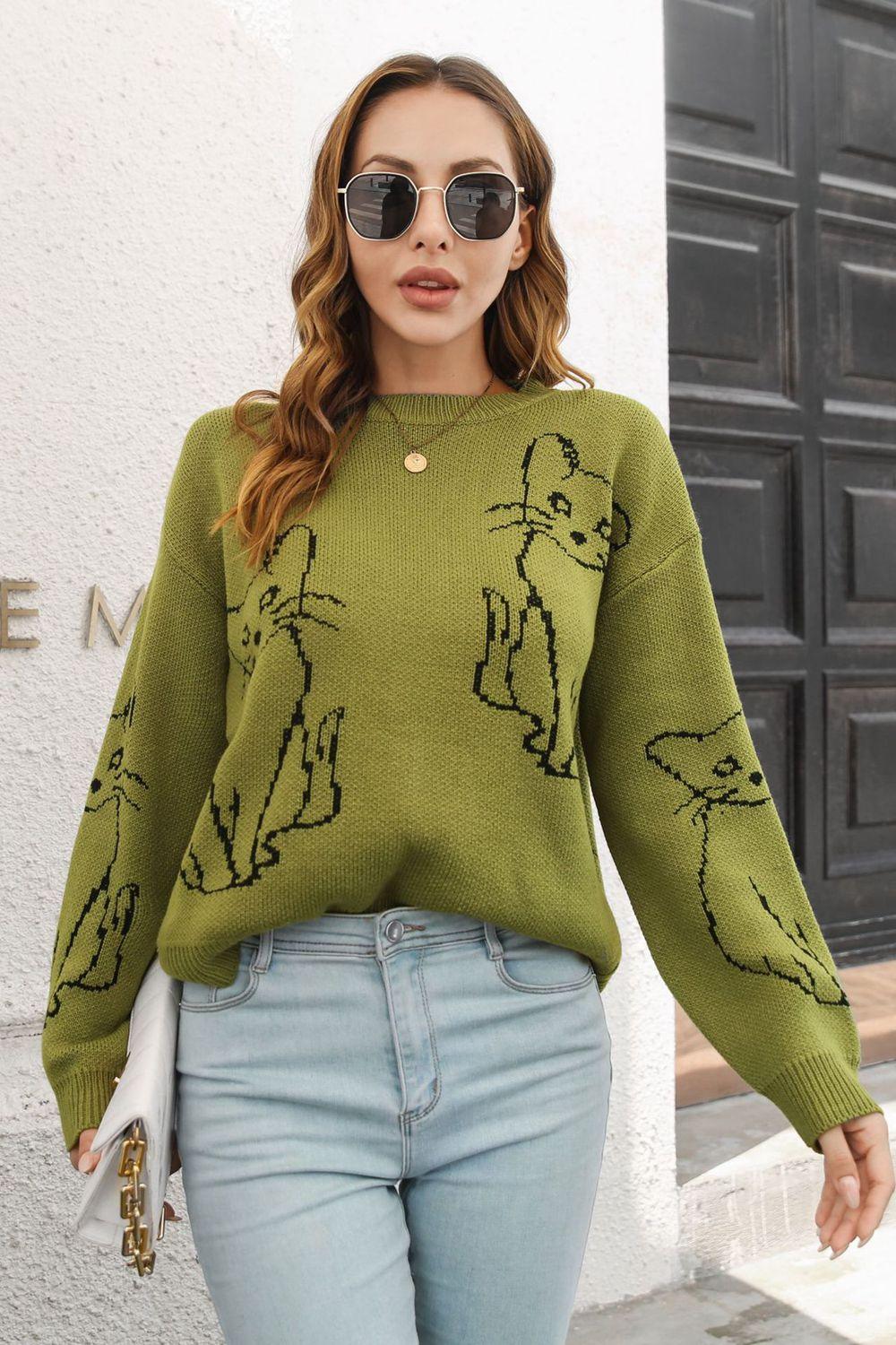 Cat Pattern Round Neck Dropped Shoulders Sweater - Sweater