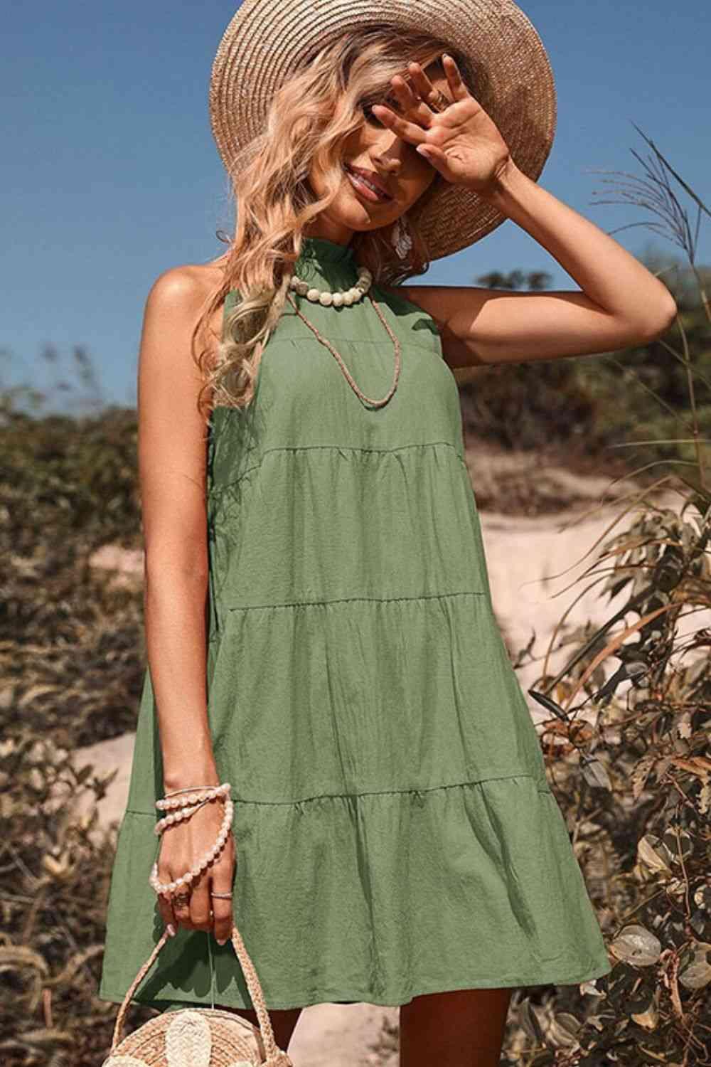 Tie Back Sleeveless Tiered Mini Dress - Dresses