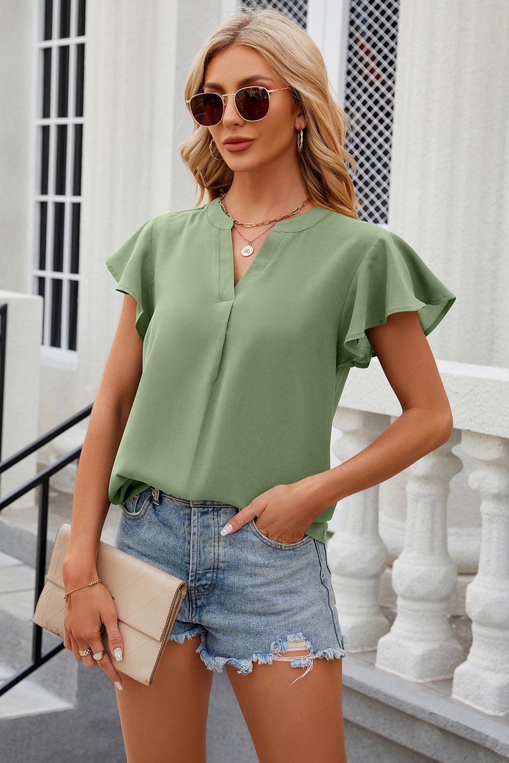 Notched Cap Sleeve Top - Top