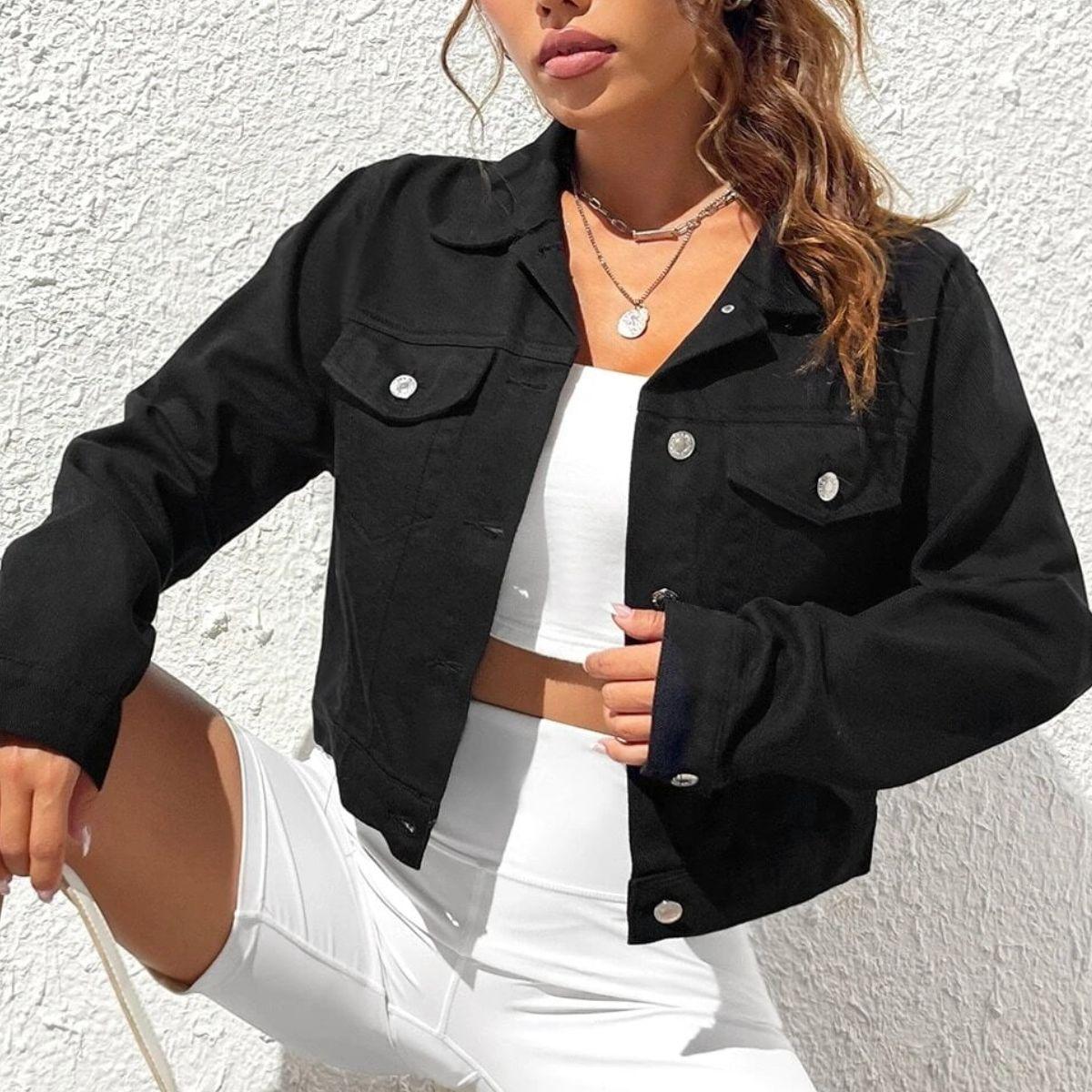 Collared Neck Cropped Denim Jacket - Jacket