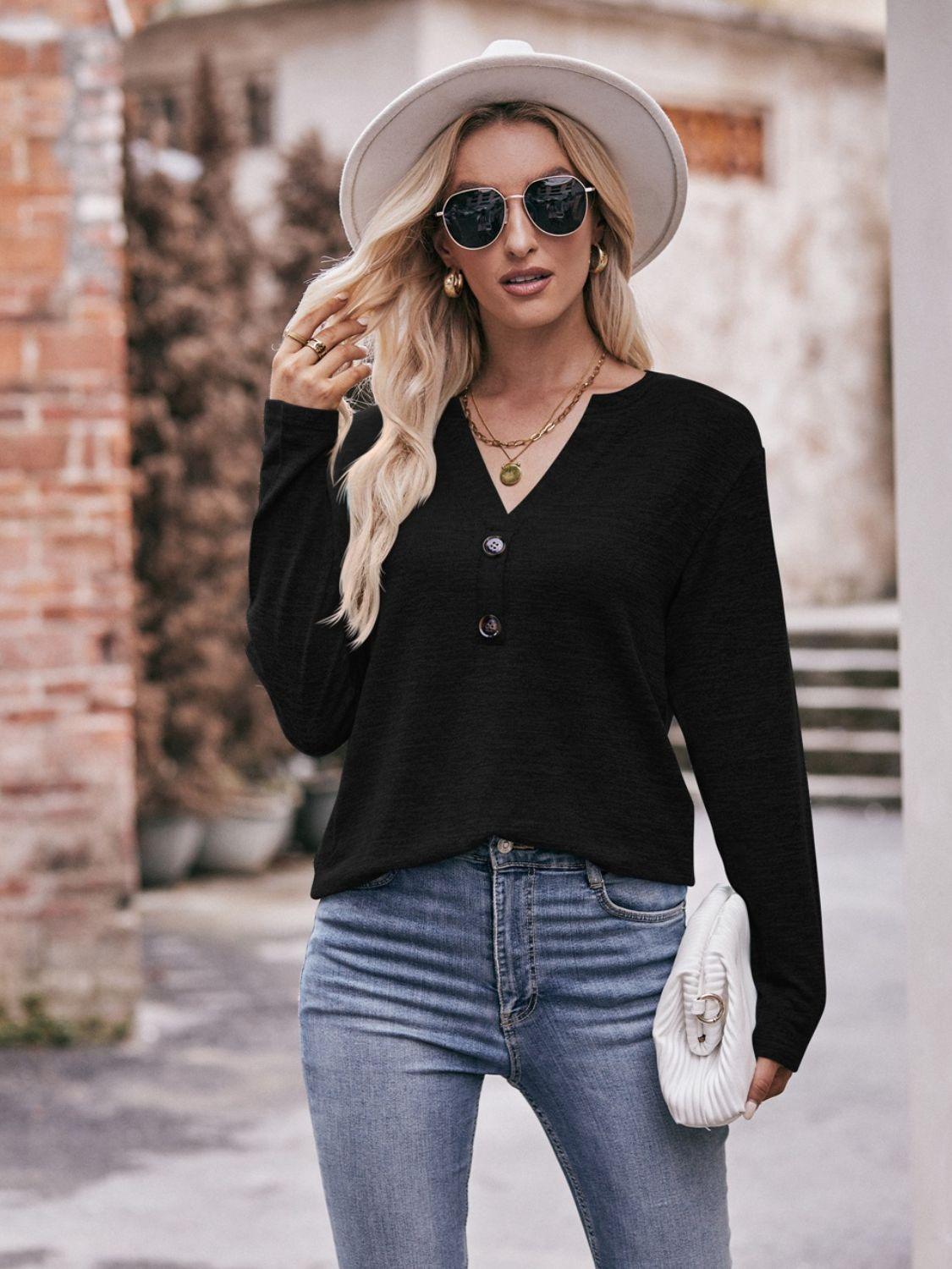 Double Take Buttoned Notched Neck Long Sleeve Top - Top