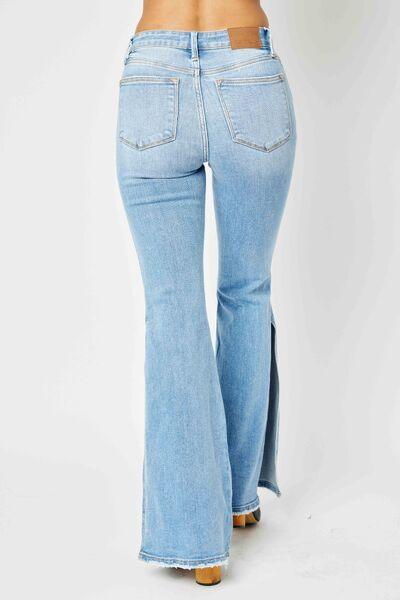 Judy Blue Mid Rise Raw Hem Slit Flare Jeans - Jeans