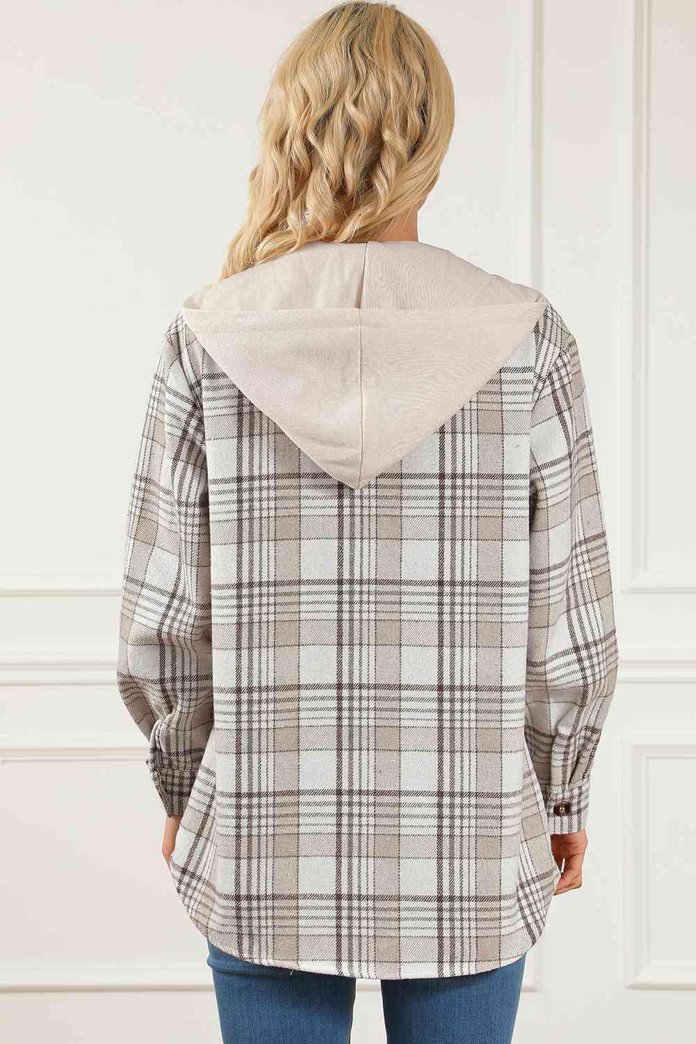 Plaid Button Down Hooded Shacket - Jacket