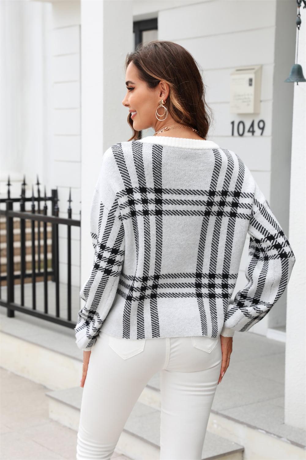 Plaid Round Neck Dropped Shoulder Sweater - Sweater