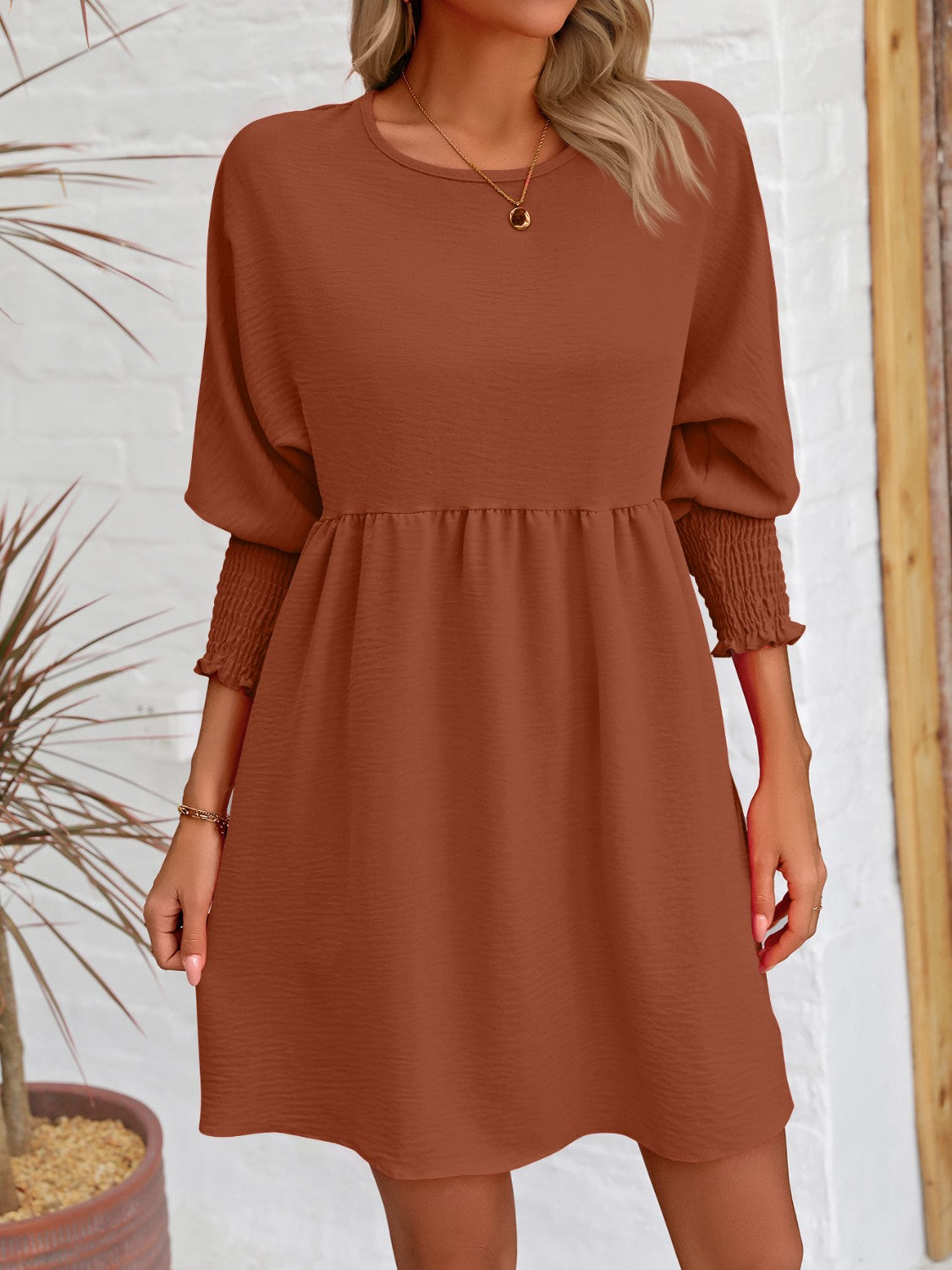 Round Neck Long Lantern Sleeve Mini Dress