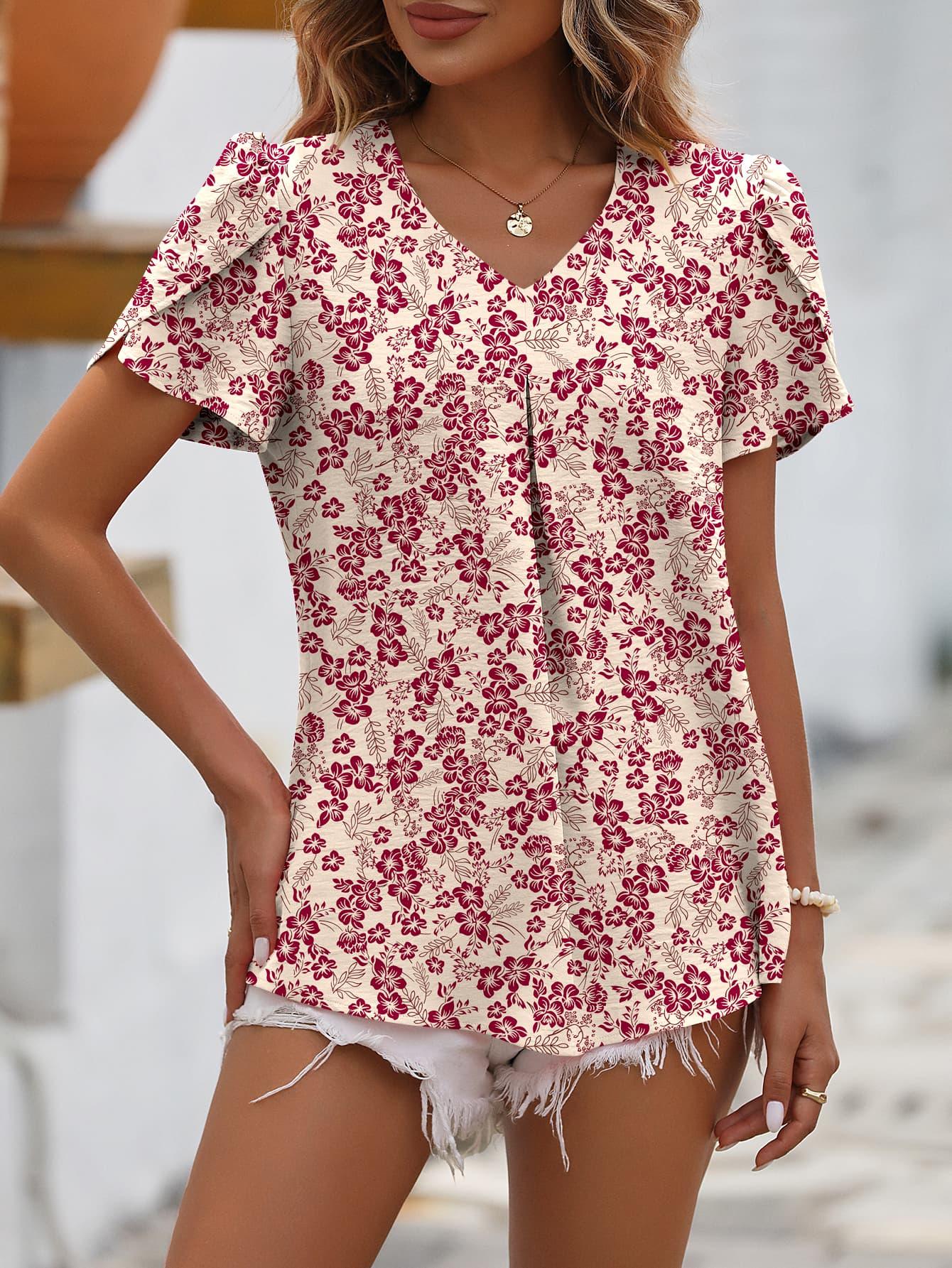 Ruched V-Neck Short Petal Sleeve Top - Top