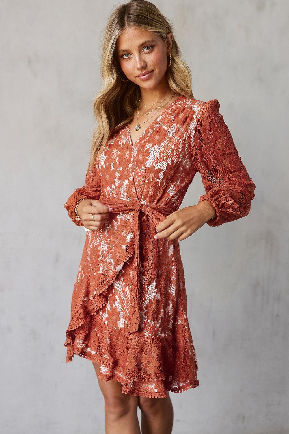 Pompom Trim Puff Sleeve Belted Lace Short Wrap Dress - Dresses