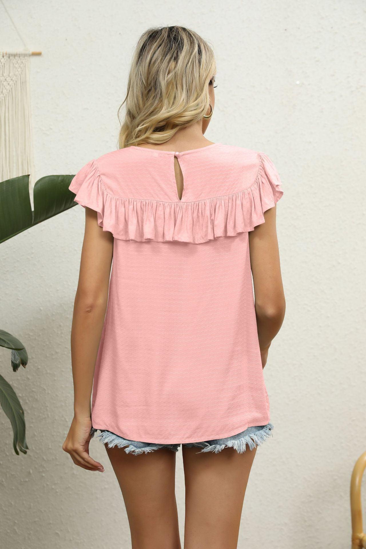 Spliced Lace Ruffled Flutter Sleeve Round Neck Top - Top