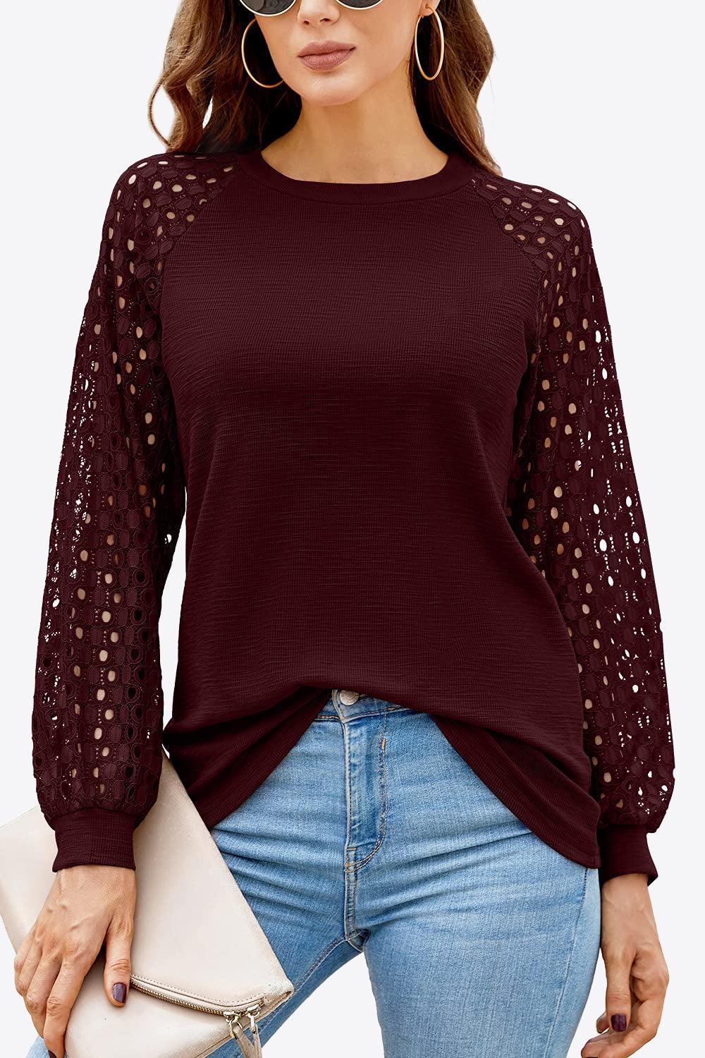 Eyelet Long Raglan Sleeve Round Neck Tee - Top